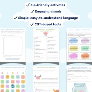 May include: A collection of printable worksheets with kid-friendly activities, engaging visuals, and simple language. The worksheets include CBT-based tools, a "Meet Your Perfect Voice" page, and a "Where Does Your Perfect Voice Show Up?" checklist.