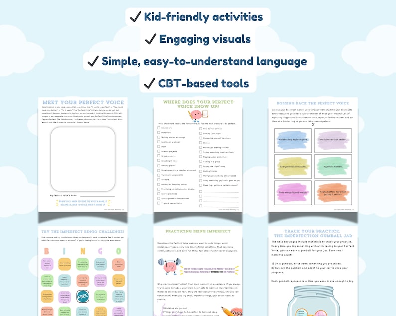 May include: A collection of printable worksheets with kid-friendly activities, engaging visuals, and simple language. The worksheets include CBT-based tools, a "Meet Your Perfect Voice" page, and a "Where Does Your Perfect Voice Show Up?" checklist.