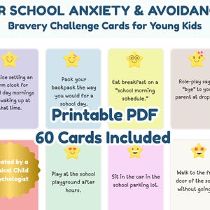 Può includere: Un set di carte stampabili per bambini, progettate per affrontare l'ansia e l'evitamento scolastico. Le carte presentano varie attività e sono create da uno psicologo infantile clinico. Il set include 60 carte.