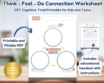CBT Cognitive Triad (Thoughts - Feelings - Actions) Worksheet for Kids and Teens | Therapy Printable
