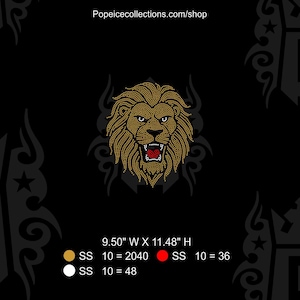 May include: A golden lion head design with an open mouth, made of small dots, on a black background. The design is 24.13 cm wide and 29.16 cm high. The image also includes the website Popeicecollections.com/shop.