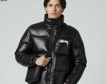 Men’s Shiny Black Puffer Jacket | Streetwear Hooded Winter Coat
