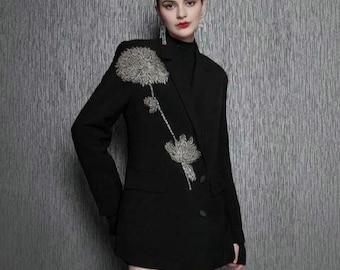 Black Cotton Blazer with Crystal Flower Embroidery – Luxury Statement Coat