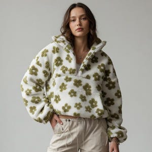 Floral Fleece Half-Zip Pullover Jacket, Cozy Sherpa Hoodie, Oversized Winter Sweatshirt