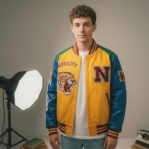 May include: Varsity jacket with a yellow body, blue sleeves, and a tiger graphic. The jacket features the word "UNIVERSITY" and the letter "N". The jacket has red, green, and white striped trim.
