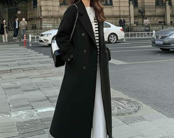 Women’s Black Wool Long Coat – Winter Elegant Overcoat