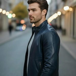 Men's Blue Sheep Leather Jacket, Minimalist Designer Outerwear, Genuine Sheepskin image 9