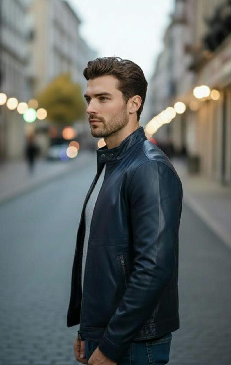 Men's Blue Sheep Leather Jacket, Minimalist Designer Outerwear, Genuine Sheepskin image 9