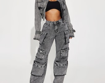 Washed Black Denim Cargo Set Cropped Jacket & Wide Leg Pants