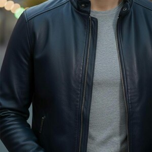 Men's Blue Sheep Leather Jacket, Minimalist Designer Outerwear, Genuine Sheepskin image 2