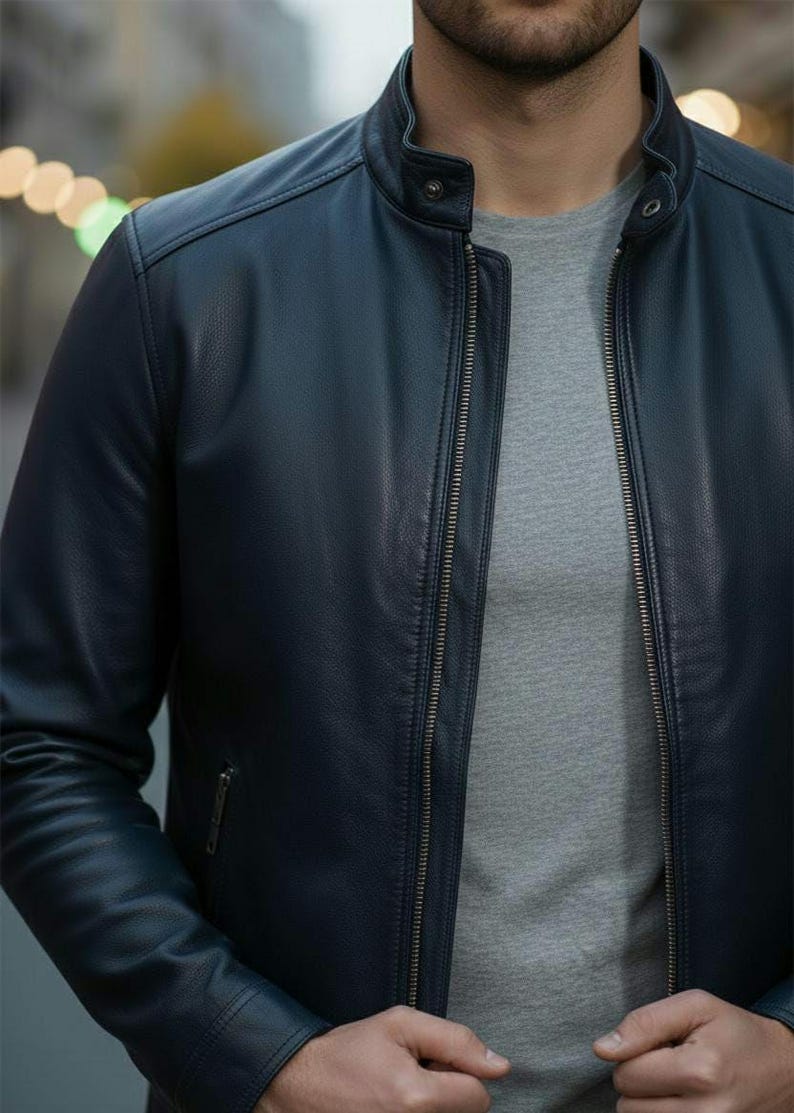 Men's Blue Sheep Leather Jacket, Minimalist Designer Outerwear, Genuine Sheepskin image 2
