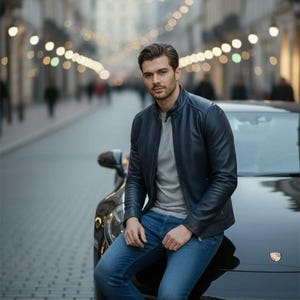May include: A navy blue leather jacket with a gray shirt and blue jeans. The person is sitting on the hood of a black car. The background is a city street with lights.