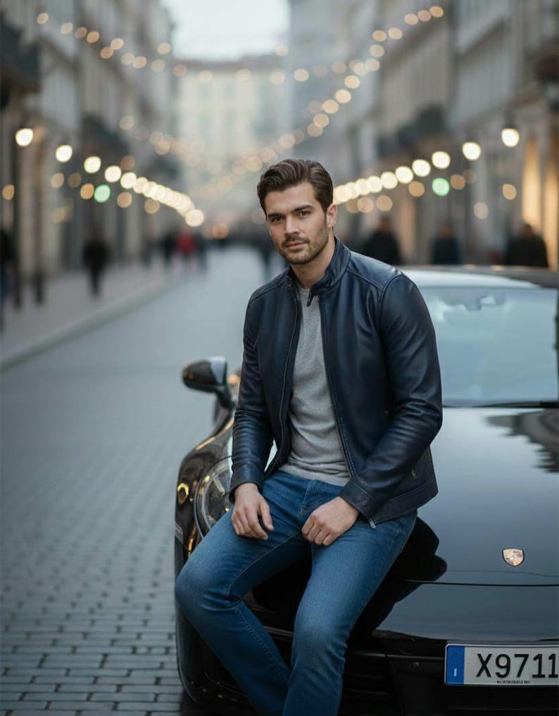 May include: A navy blue leather jacket with a gray shirt and blue jeans. The person is sitting on the hood of a black car. The background is a city street with lights.