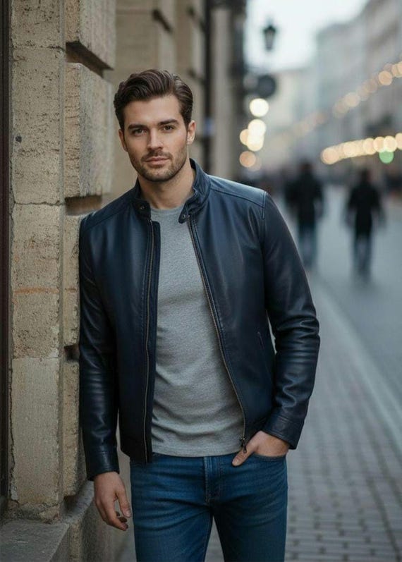 Men's Blue Sheep Leather Jacket, Minimalist Designer Outerwear, Genuine Sheepskin