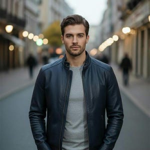 May include: A navy blue leather jacket with a zipper closure. The jacket is worn over a gray crew neck shirt. The person is standing on a city street with blurred background lights.