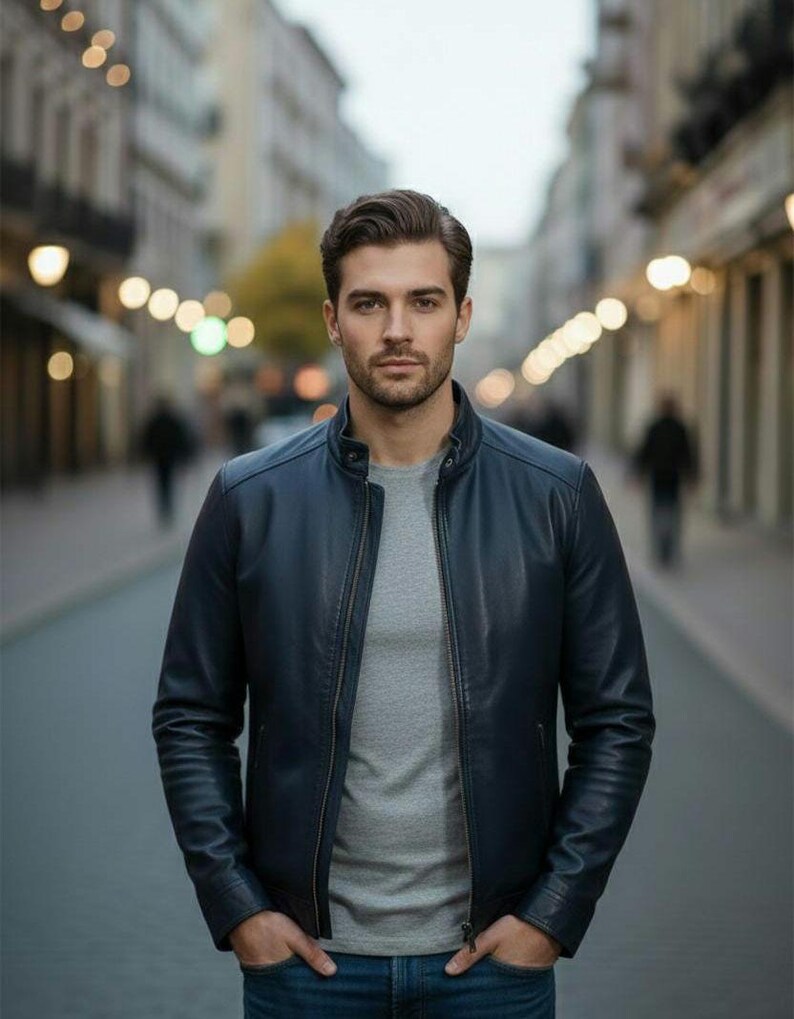 May include: A navy blue leather jacket with a zipper closure. The jacket is worn over a gray crew neck shirt. The person is standing on a city street with blurred background lights.