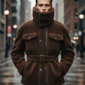 Men's Brown Sherpa Fleece Jacket | Quilted Lined Barn Coat | Teddy Texture Winter