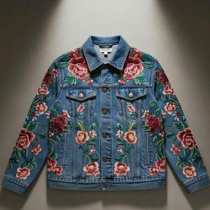 May include: A light blue denim jacket with intricate floral embroidery in shades of red, pink, and green. The jacket features a classic collar, button-down front, and two chest pockets. The floral design covers the shoulders, sleeves, and front.