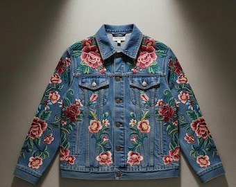 Intricate Floral Embroidered Denim Jacket | Artisan Hand-Stitched Style Jean Jacket | Statement Cottagecore Outerwear Gift