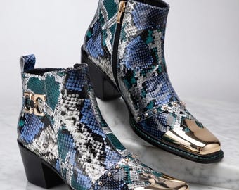 Men's Snake Print Leather Ankle Boots, Cuban Heel, Metal Toe Western Style