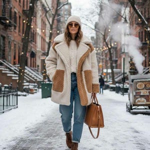 May include: A woman wearing a cream-colored teddy bear coat with brown accents and pockets, paired with blue jeans and brown boots. She carries a brown leather tote bag and wears a knit beanie and sunglasses. The scene is a snowy city street.