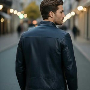 Men's Blue Sheep Leather Jacket, Minimalist Designer Outerwear, Genuine Sheepskin image 4