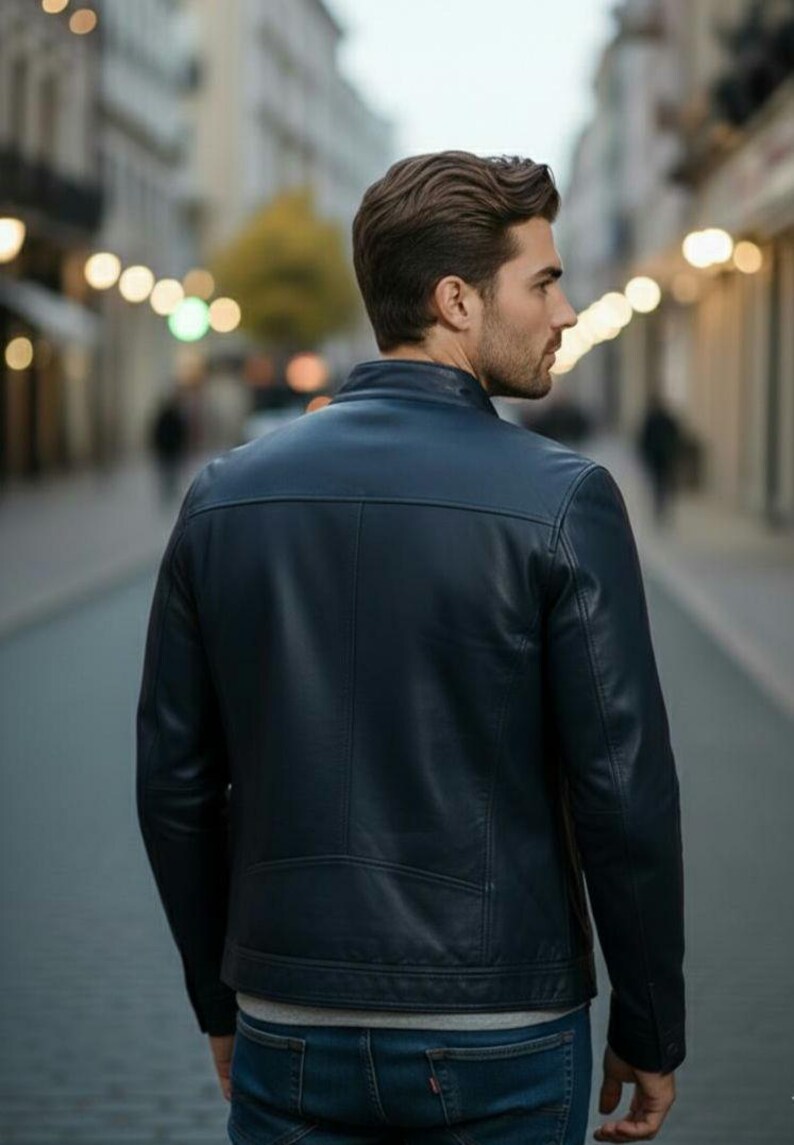 Men's Blue Sheep Leather Jacket, Minimalist Designer Outerwear, Genuine Sheepskin image 4