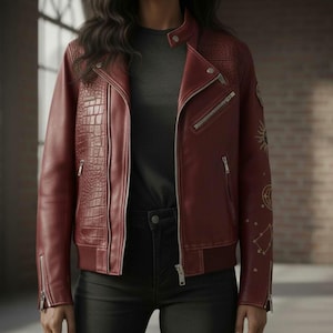 Vintage Leather Biker Jacket | Croc Patchwork Moto Coat, Celestial Embroidery