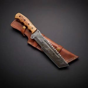 Handmade Damascus Tracker Knife with Beautiful Wood Handle & Leather Sheath – Perfect Gift for Him/Her, Anniversary or Outdoor Lovers