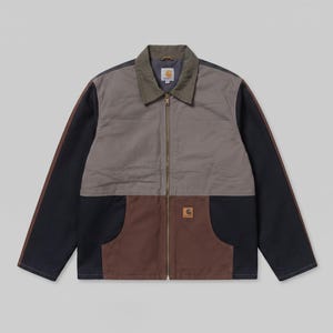 Giacca Carhartt Colorblock rielaborata, tela di cotone patchwork vintage, abbigliamento da lavoro nei toni della terra (XL)