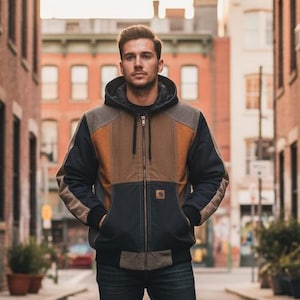 Herwerkt patchwork Carhartt-stijl hoodie vintage canvas jack custom streetwear werkkleding colorblock actief jack maat Large