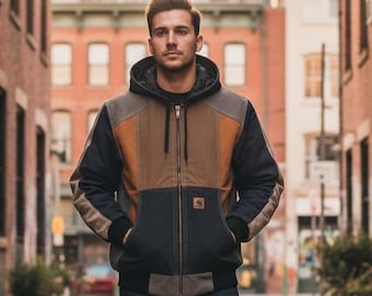 Reworked Patchwork Carhartt Style Hoodie Vintage Canvas Jacket Custom Streetwear Workwear Colorblock Active Jacket Size Large