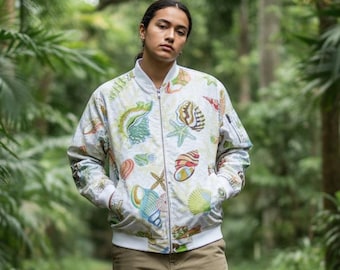 Upcycled Quilted Bomber Jacket, Bohemian Sea Shell Print Cotton Coat