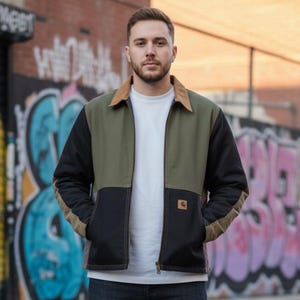 Veste patchwork style Carhartt upcyclée, veste zippée unisexe, vêtement fait main sur mesure, vêtement d'extérieur retravaillé, cadeau unique pour lui/elle