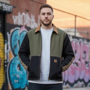 Chaqueta estilo Carhartt reciclada con retazos, chaqueta unisex con cremallera, ropa hecha a mano a medida, prenda superior rediseñada, regalo único para él/ella.