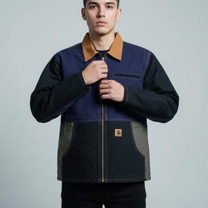 Upcycled Carhartt Style Patchwork Chore Jacket, Unisex Vintage Reworked Workwear, Colorblock Canvas Zip Up Outdoor Coat, Sustainable Fashion