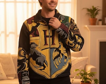 Upcycled Tapestry Jacket Harry Potter Hogwarts Woven Patchwork Zip Up Coat Hufflepuff Streetwear Custom Handmade Wizarding World Gift