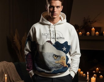 Upcycled Tapestry Hoodie: Eagle & Statue of Liberty Patchwork, Size Large