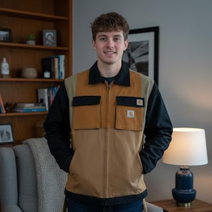 Puede incluir: Chaqueta de trabajo multicolor con tonos marrón, beige y negro. La chaqueta tiene dos bolsillos en el pecho, una cremallera y el logotipo de Carhartt. La chaqueta se lleva con vaqueros azules.