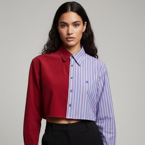 upcycled Brooks Brothers Patchwork T-Shirt | Rot gestreiftes Cord Top (Größe S)