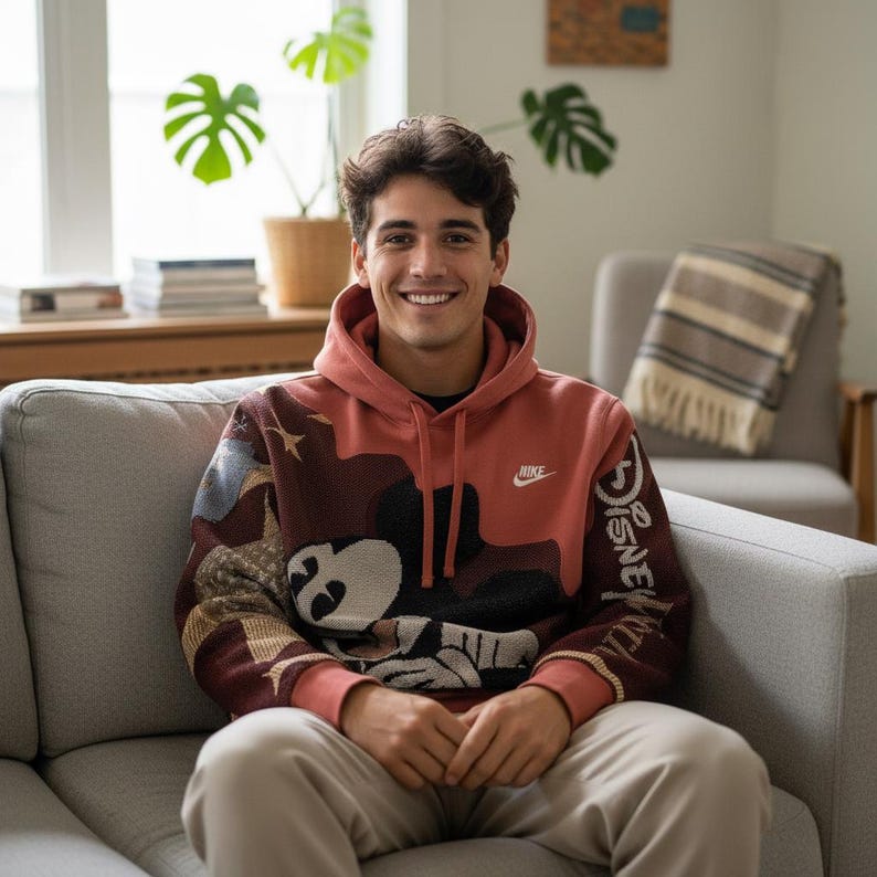 May include: A coral-colored hoodie with a Mickey Mouse design and the word "Disney" on the sleeve. The Nike logo is visible on the chest. The person is sitting on a gray couch.