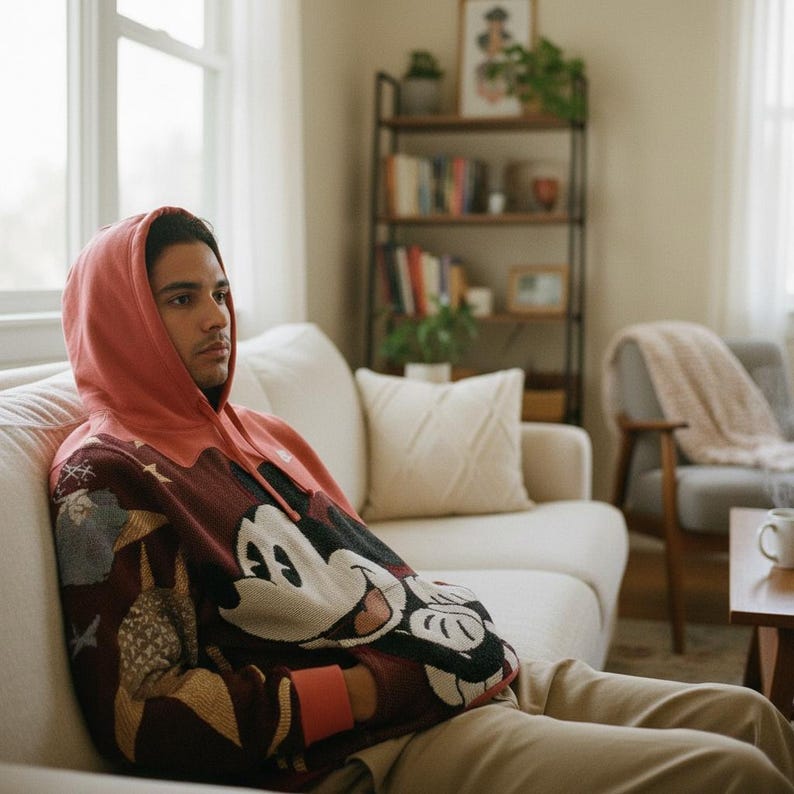 May include: A person wearing a red and maroon hooded sweatshirt featuring a large Mickey Mouse graphic. The sweatshirt has a patterned design with various images. The person is sitting on a white couch in a well-lit room.