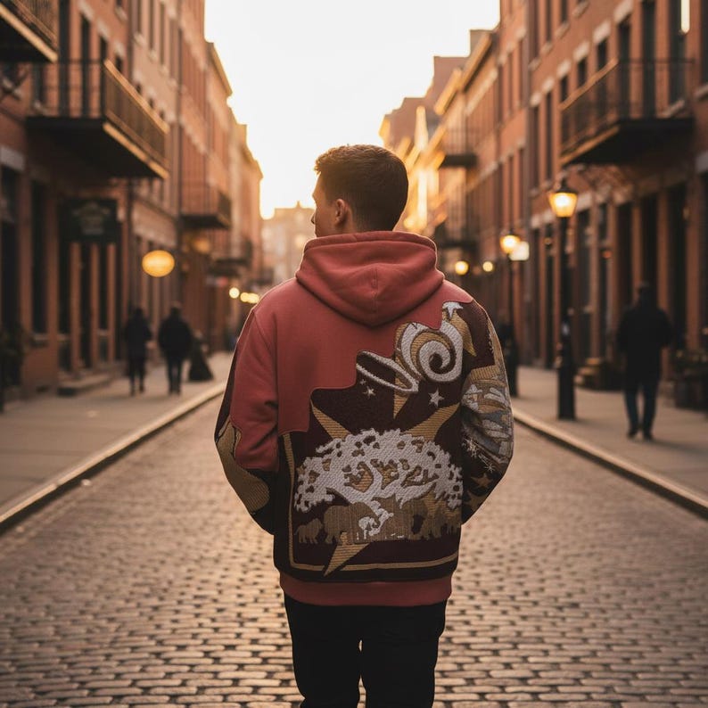 May include: A person wearing a red hoodie with a detailed tapestry design on the back, walking down a cobblestone street. The tapestry features a cream-colored tree, animals, and celestial elements. The hoodie is a muted red color.