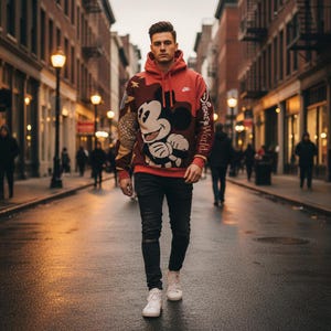 May include: A red hooded sweatshirt featuring a large Mickey Mouse graphic. The sweatshirt has a Nike logo and "Disney World" text on the sleeve. The person is wearing black jeans and white sneakers, walking down a city street.