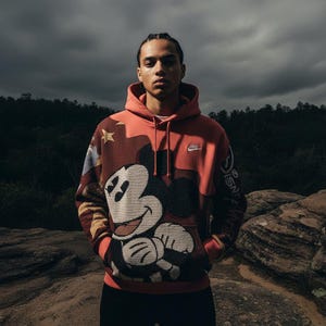 May include: A red and brown hooded sweatshirt featuring a large Mickey Mouse graphic on the front. The sweatshirt has a Nike logo and Disney branding on the sleeves. The person is standing outdoors.