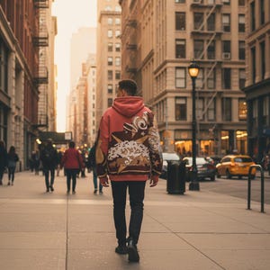 May include: A person wearing a red hoodie with a detailed graphic design on the back, walking down a city sidewalk. The hoodie features a hood and long sleeves. The person is wearing black pants and black shoes. The background shows buildings and other people.