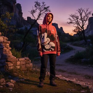 May include: A person wearing a coral-colored hooded sweatshirt featuring a large Mickey Mouse graphic. The sweatshirt has the words "Disney World" printed on the sleeve. The person is also wearing black pants and hiking boots, standing in a natural outdoor setting.