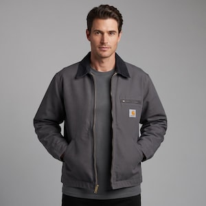 May include: A charcoal grey zip-up jacket featuring a contrasting black corduroy collar, a full-length front zip, and a zipped chest pocket with a rectangular Carhartt brand patch. The jacket is worn over a matching charcoal grey crew neck t-shirt.