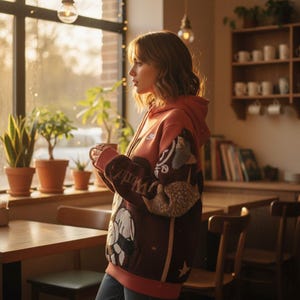 May include: A person wearing a coral-colored hoodie with a Nike logo and a patterned sleeve. The sleeve features a brown and white design with the word "World" on the cuff. The person is holding a cup near a window with plants.