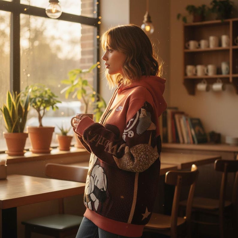 May include: A person wearing a coral-colored hoodie with a Nike logo and a patterned sleeve. The sleeve features a brown and white design with the word "World" on the cuff. The person is holding a cup near a window with plants.